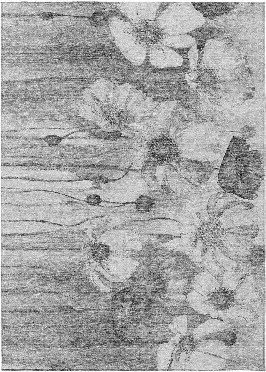 Gray Charcoal And Silver Floral Washable Indoor Outdoor Area Rug Photo 1