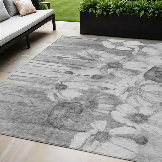 Gray Charcoal And Silver Floral Washable Indoor Outdoor Area Rug Photo 1