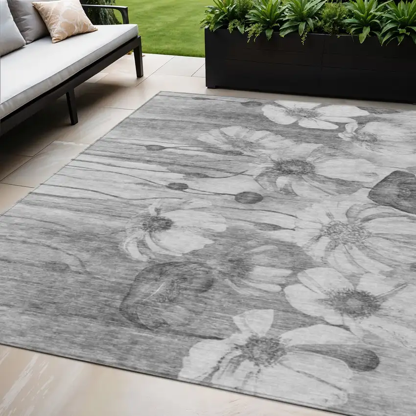 Gray Charcoal And Silver Floral Washable Indoor Outdoor Area Rug Photo 1