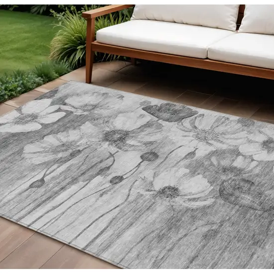 Gray Charcoal And Silver Floral Washable Indoor Outdoor Area Rug Photo 1