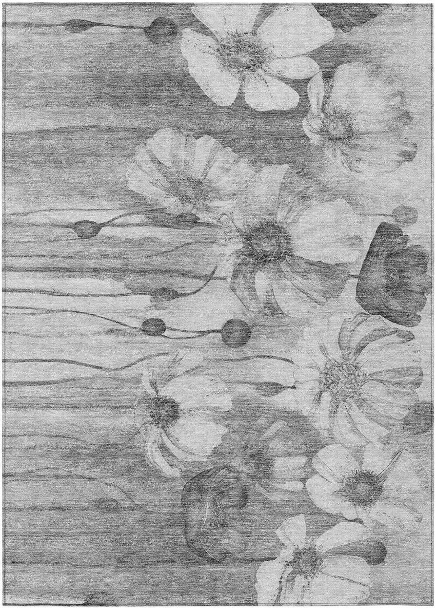 Gray Charcoal And Silver Floral Washable Indoor Outdoor Area Rug Photo 1