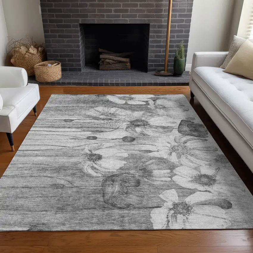 Gray Charcoal And Silver Floral Washable Indoor Outdoor Area Rug Photo 7