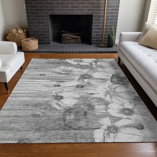 Gray Charcoal And Silver Floral Washable Indoor Outdoor Area Rug Photo 7