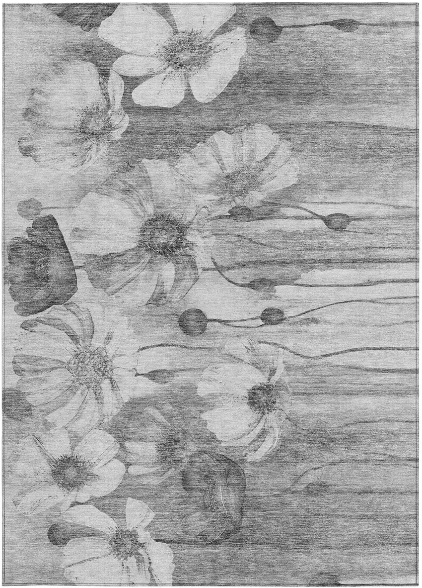 Gray Charcoal And Silver Floral Washable Indoor Outdoor Area Rug Photo 6