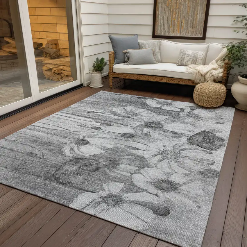 Gray Charcoal And Silver Floral Washable Indoor Outdoor Area Rug Photo 7