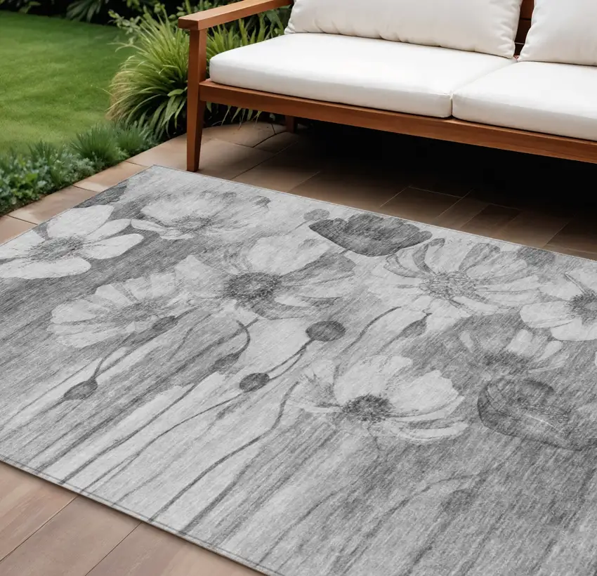 Gray Charcoal And Silver Floral Washable Indoor Outdoor Area Rug Photo 1