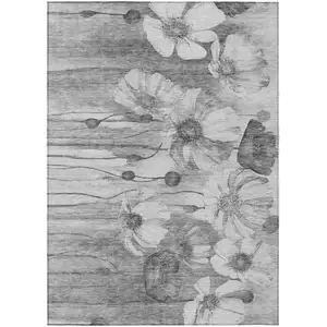 Photo of Gray Charcoal And Silver Floral Washable Indoor Outdoor Area Rug