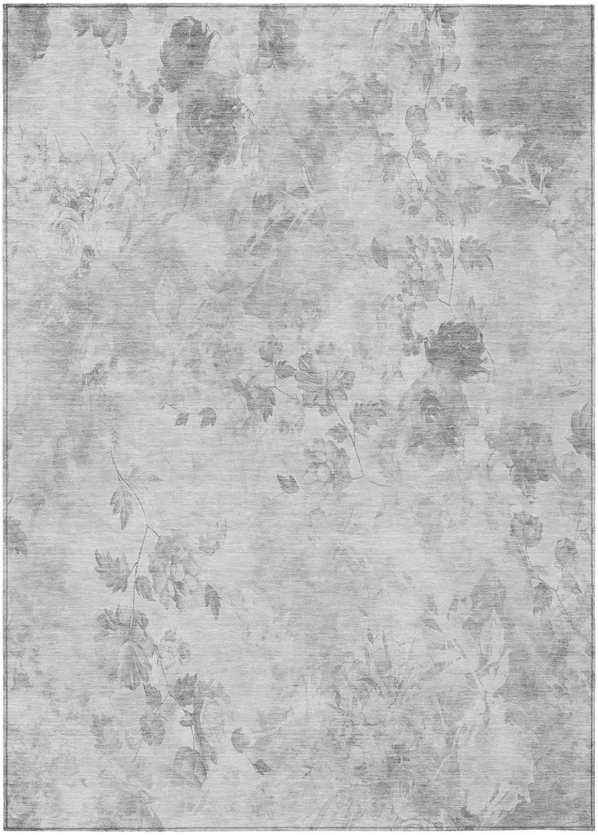 Gray Charcoal And Silver Floral Washable Indoor Outdoor Area Rug Photo 1