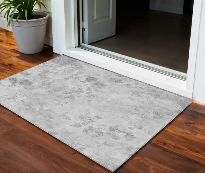 Gray Charcoal And Silver Floral Washable Indoor Outdoor Area Rug Photo 1