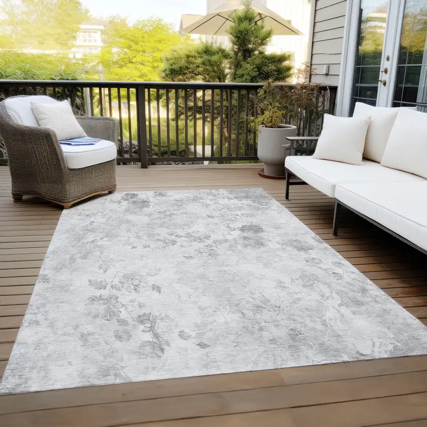Gray Charcoal And Silver Floral Washable Indoor Outdoor Area Rug Photo 9