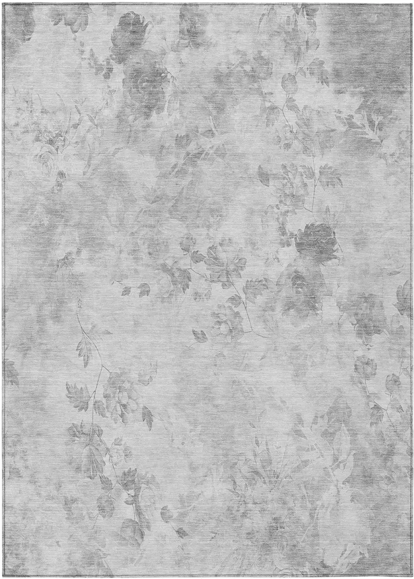 Gray Charcoal And Silver Floral Washable Indoor Outdoor Area Rug Photo 1