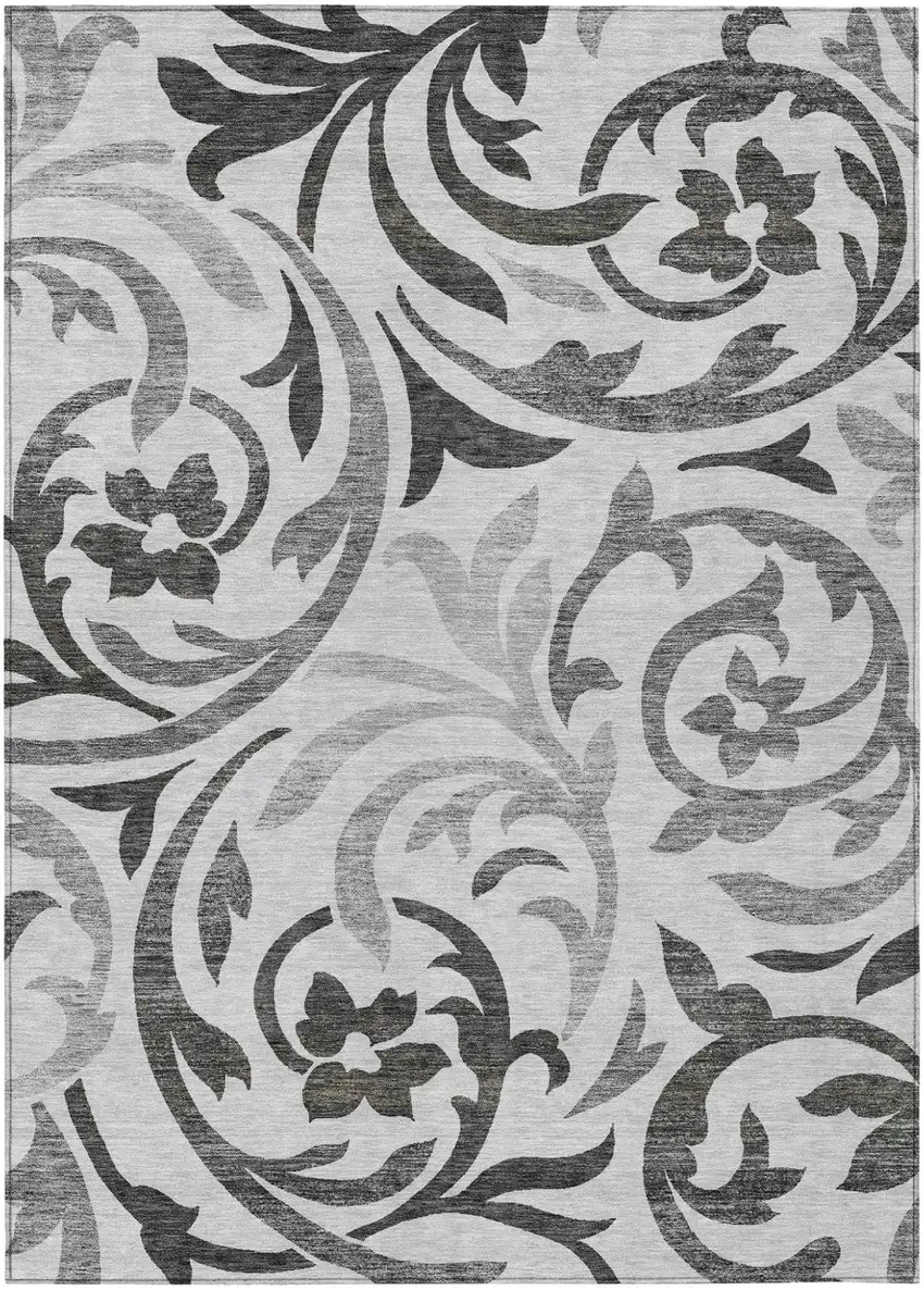 Gray Charcoal And Silver Floral Washable Indoor Outdoor Area Rug Photo 2