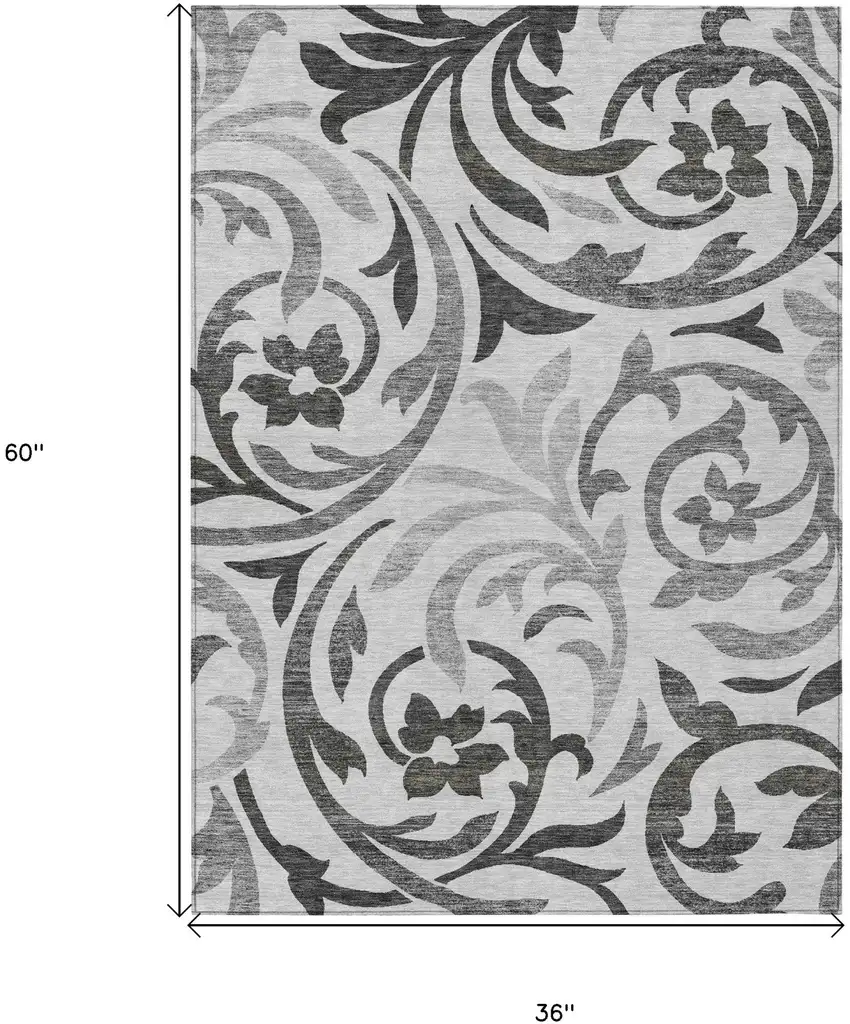 Gray Charcoal And Silver Floral Washable Indoor Outdoor Area Rug Photo 7