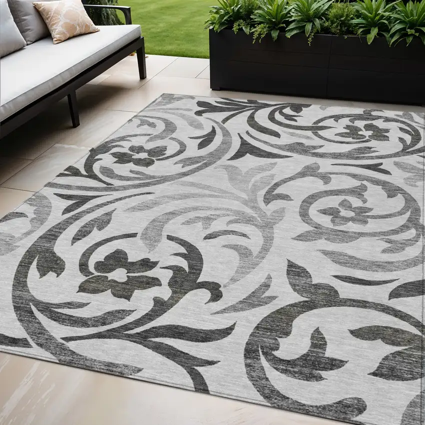 Gray Charcoal And Silver Floral Washable Indoor Outdoor Area Rug Photo 1