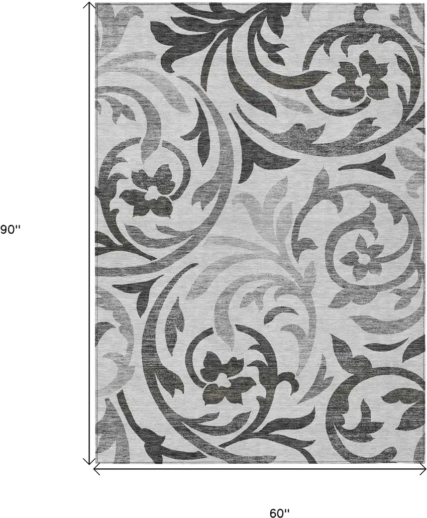 Gray Charcoal And Silver Floral Washable Indoor Outdoor Area Rug Photo 3