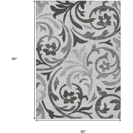 Gray Charcoal And Silver Floral Washable Indoor Outdoor Area Rug Photo 3
