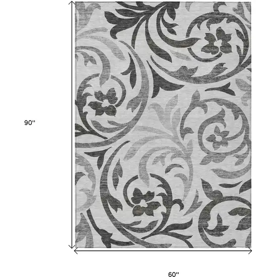 Gray Charcoal And Silver Floral Washable Indoor Outdoor Area Rug Photo 3