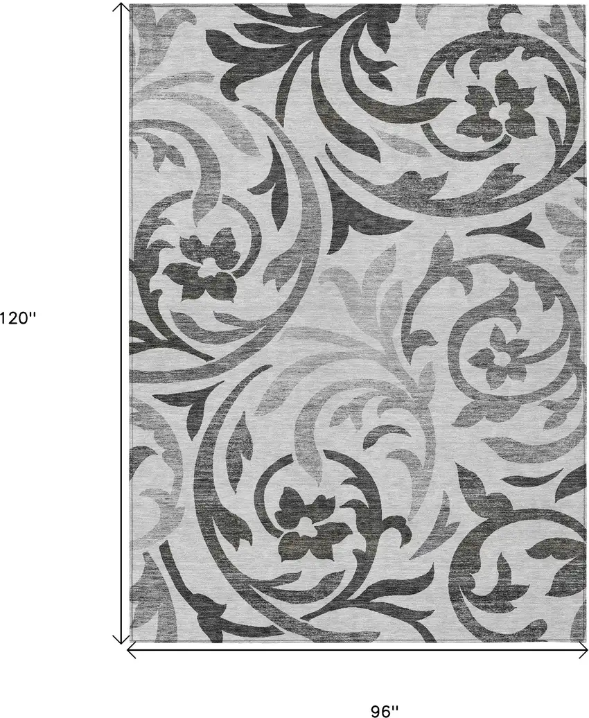 Gray Charcoal And Silver Floral Washable Indoor Outdoor Area Rug Photo 3