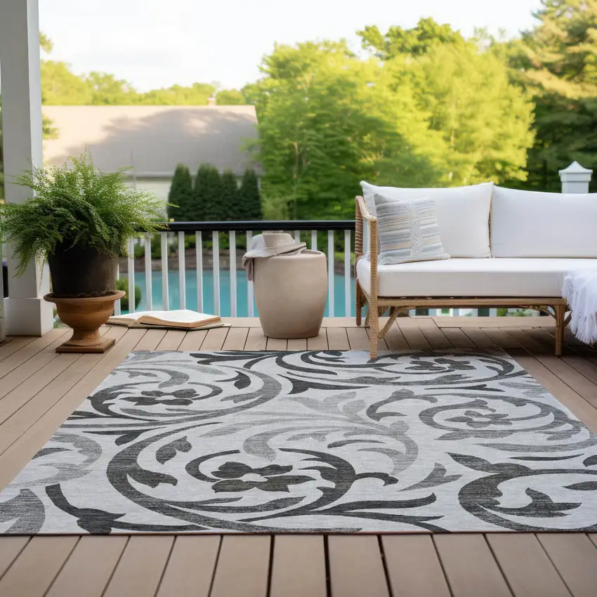 Gray Charcoal And Silver Floral Washable Indoor Outdoor Area Rug Photo 9