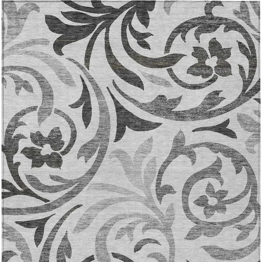 Gray Charcoal And Silver Floral Washable Indoor Outdoor Area Rug Photo 7