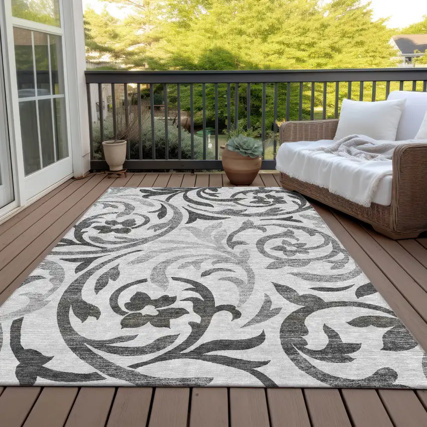 Gray Charcoal And Silver Floral Washable Indoor Outdoor Area Rug Photo 8