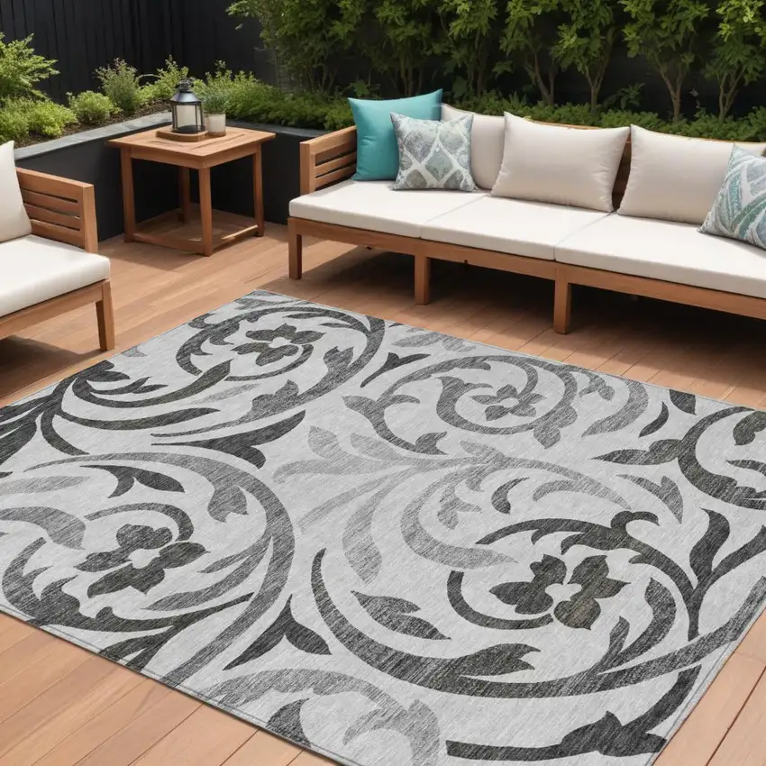 Gray Charcoal And Silver Floral Washable Indoor Outdoor Area Rug Photo 1