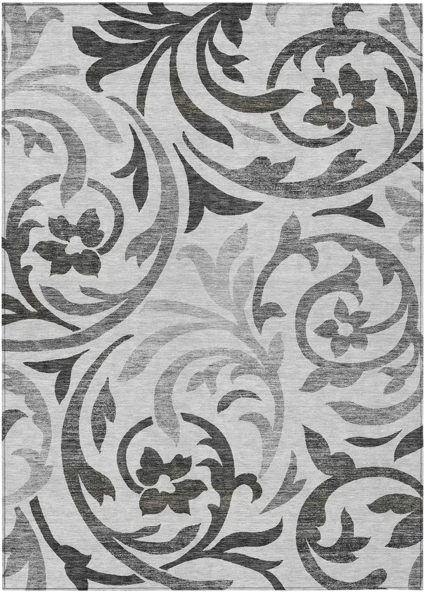 Gray Charcoal And Silver Floral Washable Indoor Outdoor Area Rug Photo 1