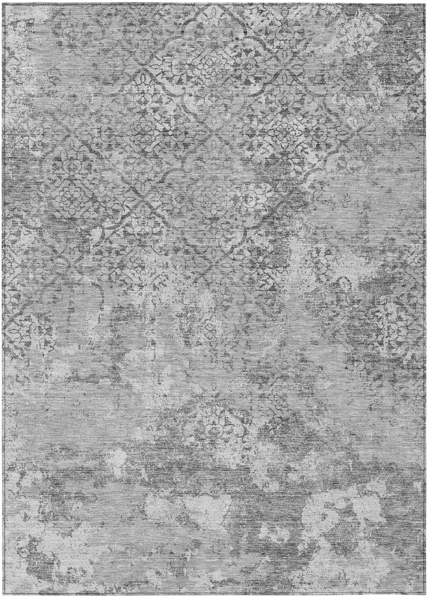 Gray Charcoal And Silver Floral Washable Indoor Outdoor Area Rug Photo 1