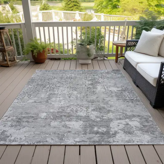 Gray Charcoal And Silver Floral Washable Indoor Outdoor Area Rug Photo 6
