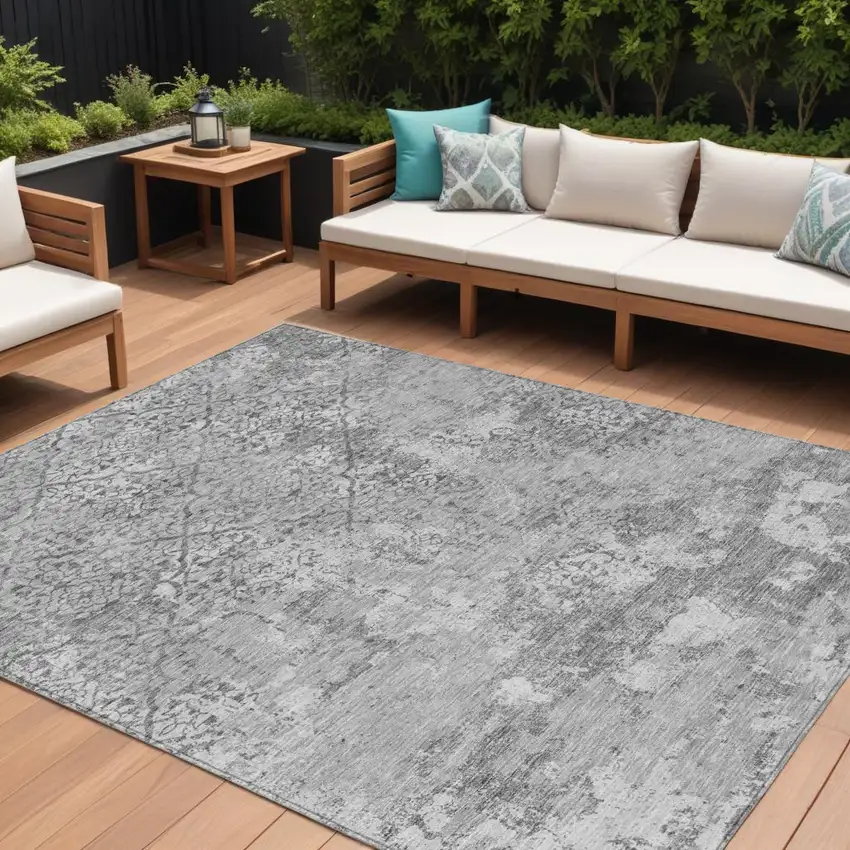 Gray Charcoal And Silver Floral Washable Indoor Outdoor Area Rug Photo 1