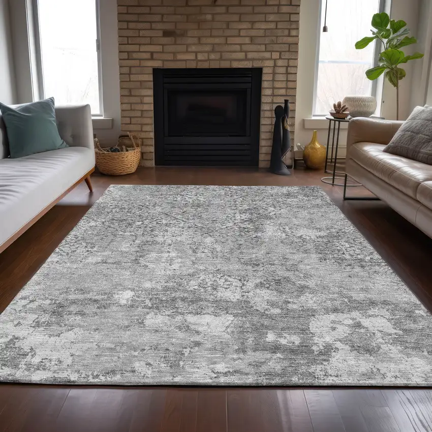 Gray Charcoal And Silver Floral Washable Indoor Outdoor Area Rug Photo 7