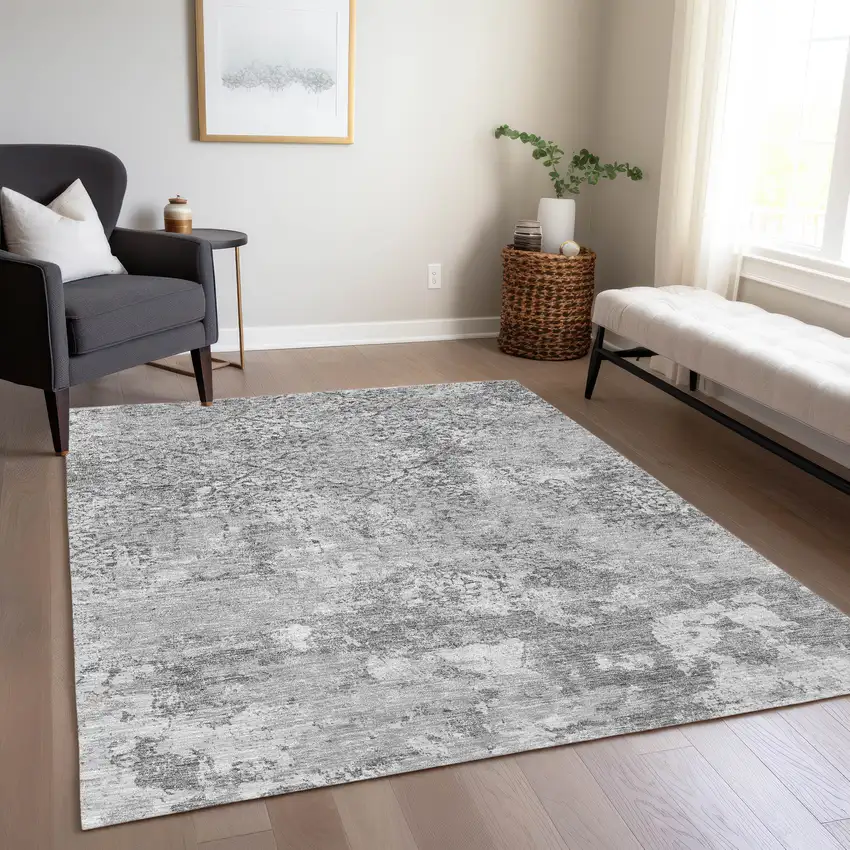 Gray Charcoal And Silver Floral Washable Indoor Outdoor Area Rug Photo 8