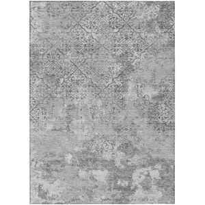 Photo of Gray Charcoal And Silver Floral Washable Indoor Outdoor Area Rug