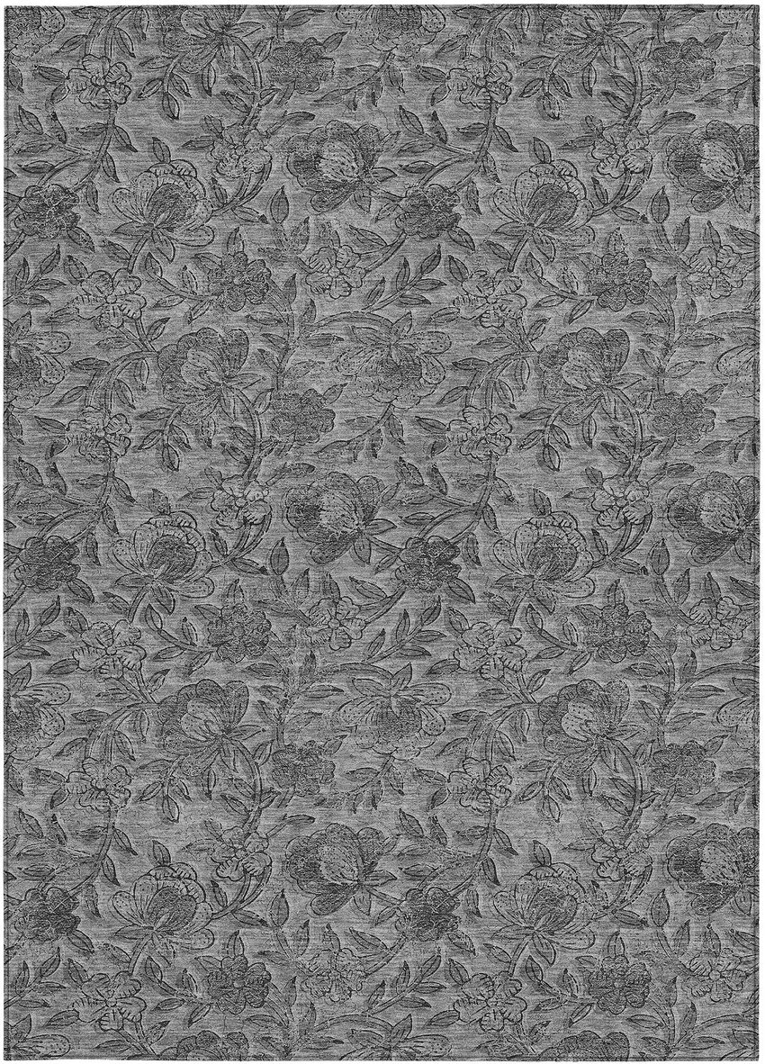 Gray Charcoal And Silver Floral Washable Indoor Outdoor Area Rug Photo 5