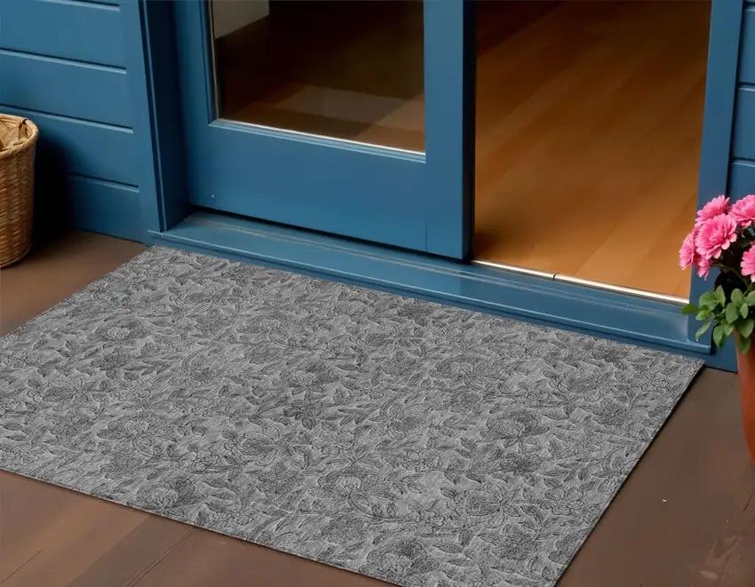 Gray Charcoal And Silver Floral Washable Indoor Outdoor Area Rug Photo 1