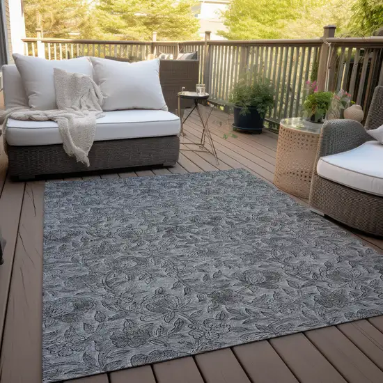 Gray Charcoal And Silver Floral Washable Indoor Outdoor Area Rug Photo 9