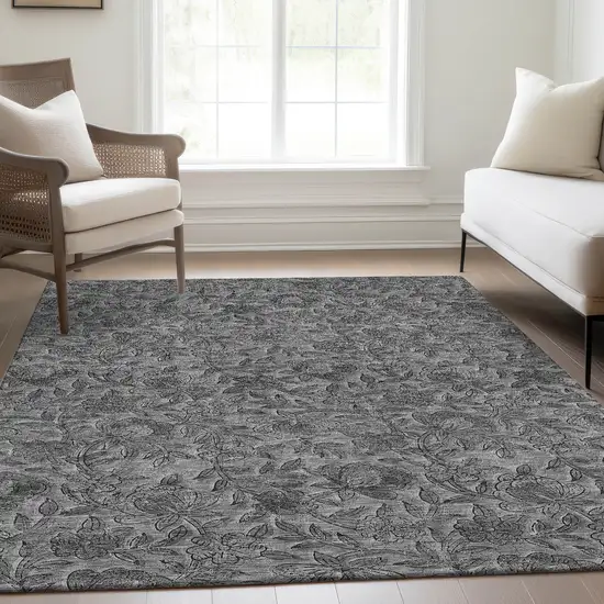 Gray Charcoal And Silver Floral Washable Indoor Outdoor Area Rug Photo 9