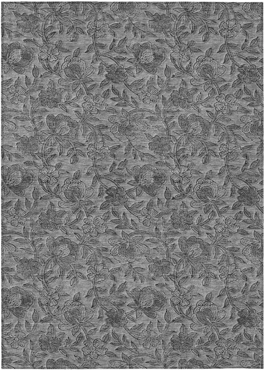 Gray Charcoal And Silver Floral Washable Indoor Outdoor Area Rug Photo 1
