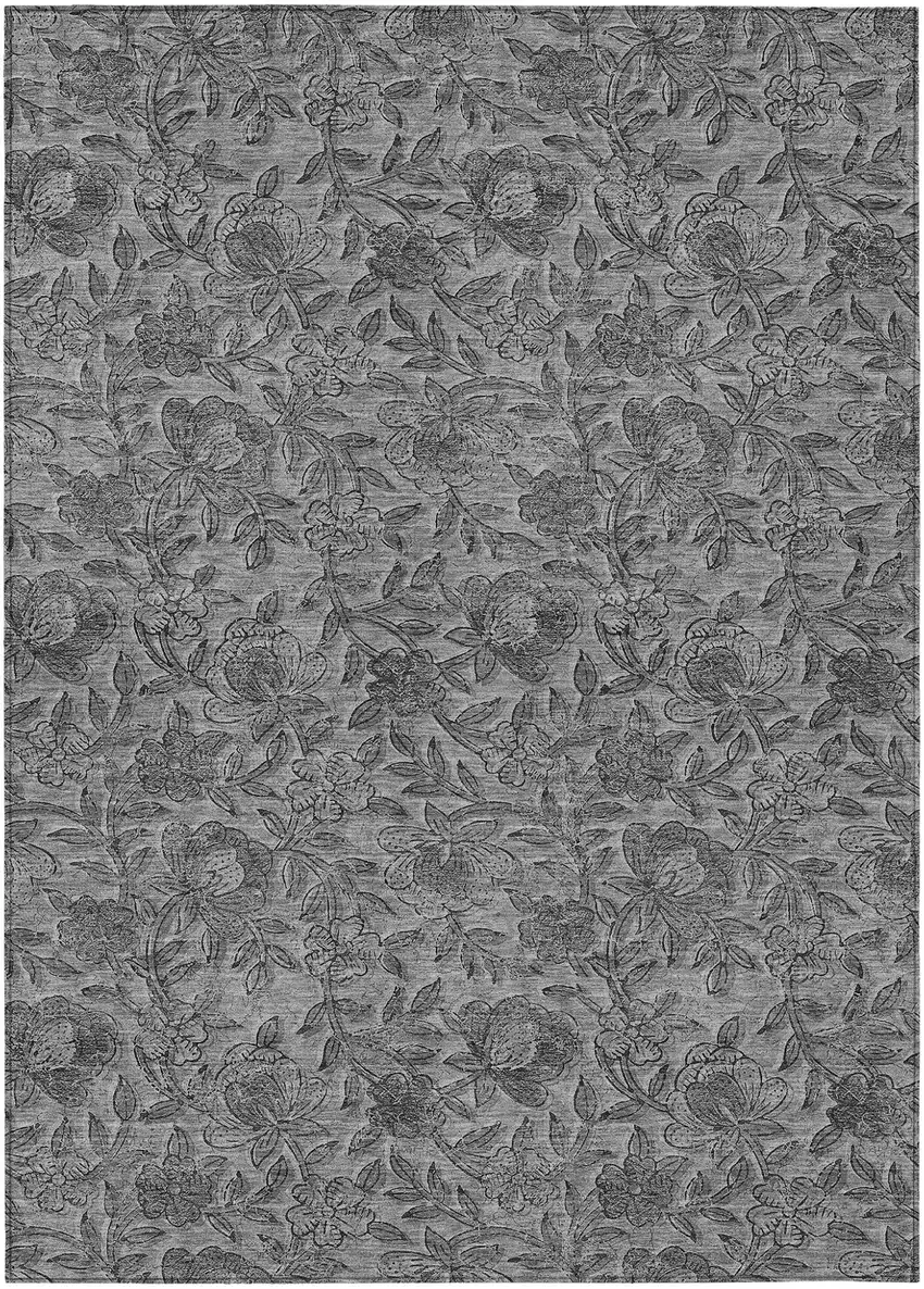 Gray Charcoal And Silver Floral Washable Indoor Outdoor Area Rug Photo 1