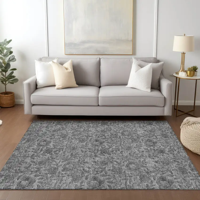 Gray Charcoal And Silver Floral Washable Indoor Outdoor Area Rug Photo 9
