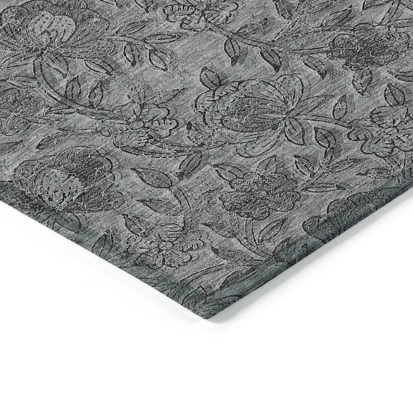 Gray Charcoal And Silver Floral Washable Indoor Outdoor Area Rug Photo 3