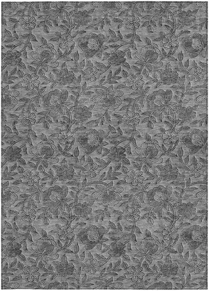 Gray Charcoal And Silver Floral Washable Indoor Outdoor Area Rug Photo 5