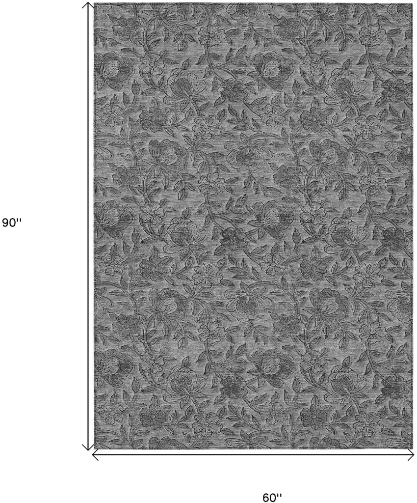 Gray Charcoal And Silver Floral Washable Indoor Outdoor Area Rug Photo 3