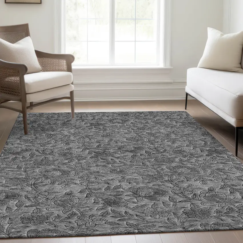 Gray Charcoal And Silver Floral Washable Indoor Outdoor Area Rug Photo 7