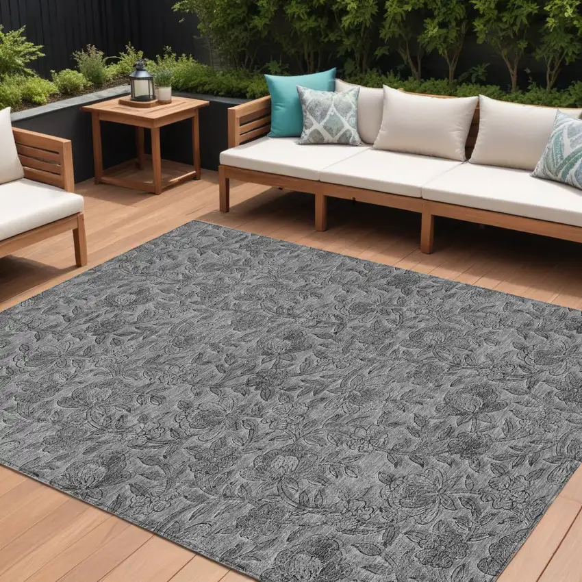 Gray Charcoal And Silver Floral Washable Indoor Outdoor Area Rug Photo 1