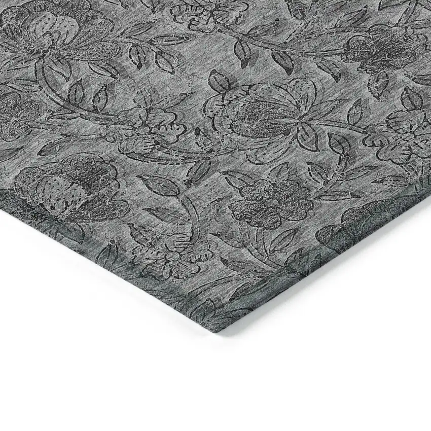 Gray Charcoal And Silver Floral Washable Indoor Outdoor Area Rug Photo 3