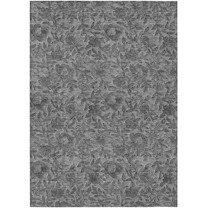 Photo of Gray Charcoal And Silver Floral Washable Indoor Outdoor Area Rug