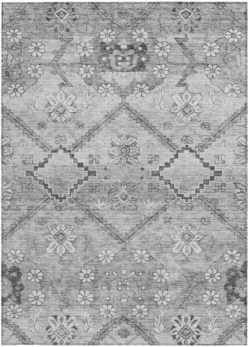 Gray Charcoal And Silver Floral Washable Indoor Outdoor Area Rug Photo 7