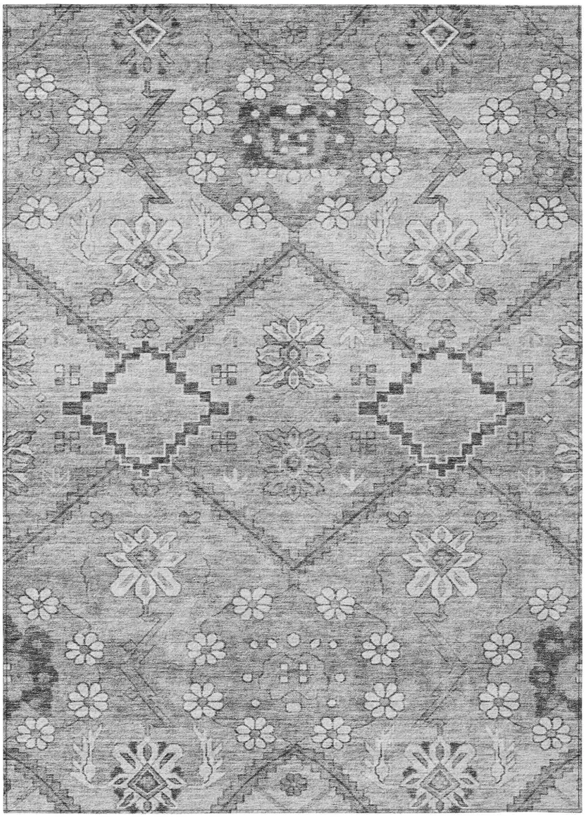 Gray Charcoal And Silver Floral Washable Indoor Outdoor Area Rug Photo 2