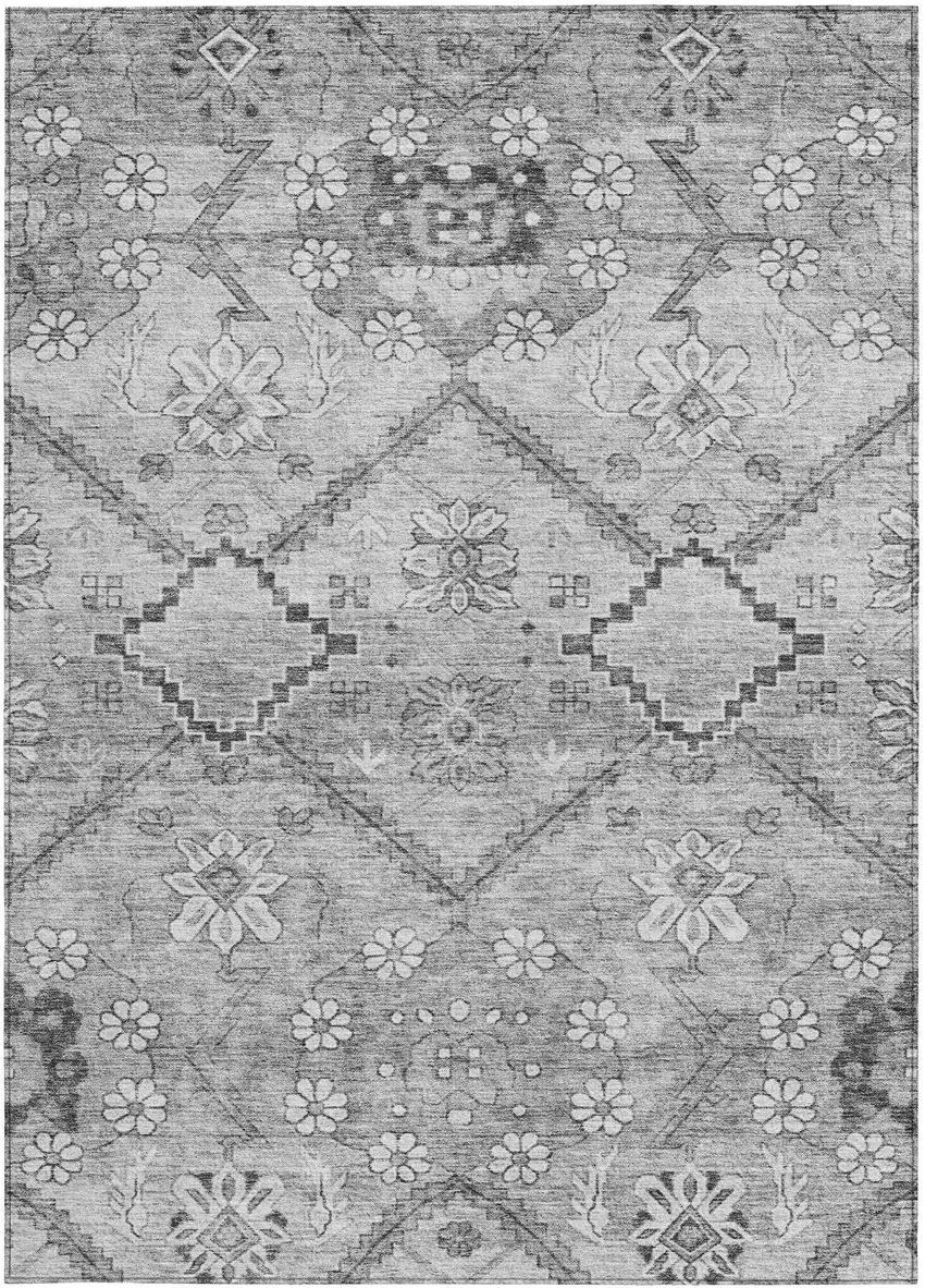 Gray Charcoal And Silver Floral Washable Indoor Outdoor Area Rug Photo 7